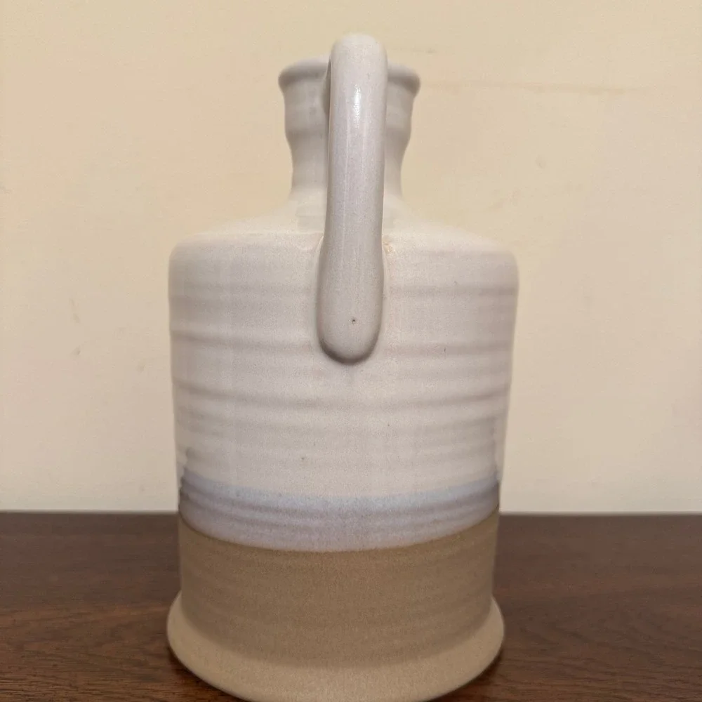 Vintage Two Tone Stoneware Pottery Jug Cream and Tan Glazed Farmhouse Pitcher